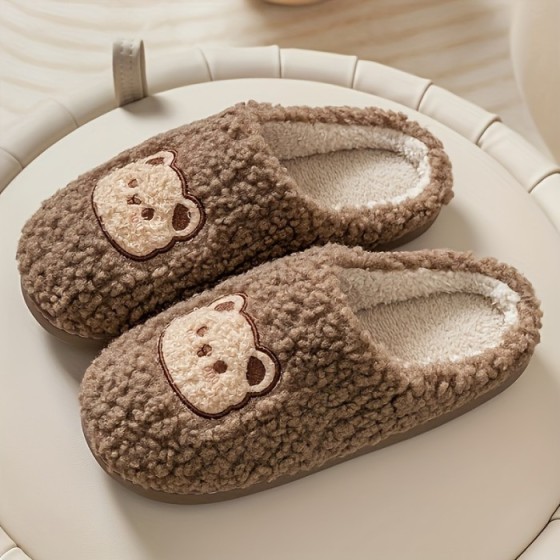 Cozy and Warm Cute Bear Plush Slippers - Closed Toe Slip On House Shoes