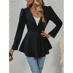 Button Front Flared Blazer, Elegant Notched Collar Long Sleeve Blazer For Office & Work, Women's Clothing