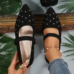 Women's Mary Jane Flats Shoes Pointed Toe Rhinestone Casual Ballet Flats with Ankle Strap Comfortable Suede Dress Shoes for Women Work Office