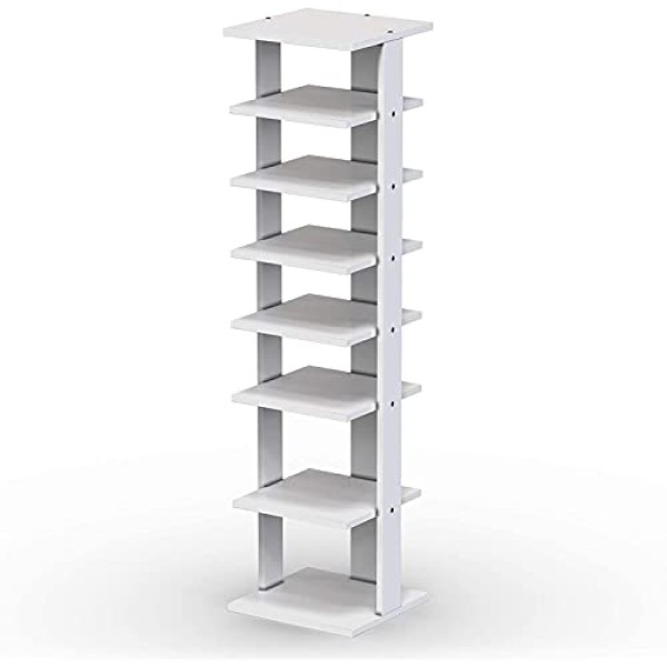 Squareful 7-Tier Wooden Shoe Rack, Modern Vertical Shoe Organizer, Multifunctional Shoe Tower Storage Stand, Space Saving Shelves for entryway, Bedroom, Hallway (White, Small)