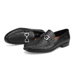 Black Luxury Men's Leather Dress Shoes, Fashion Classic Ostrich Printed Business Shoes Casual Buckle Party Wedding Penny Loafer Shoes for Men