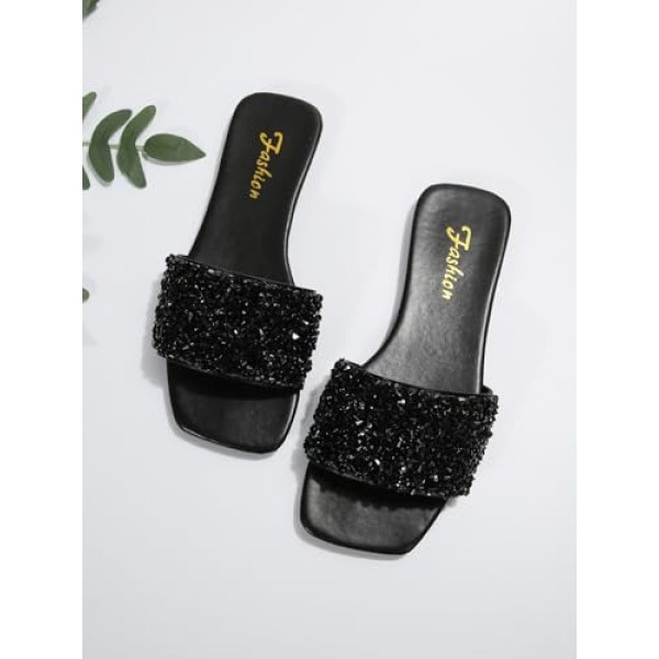 Women's Glitter Sparkly Sandals Casual Rhinestone Slides Bling Open Toe Sandals