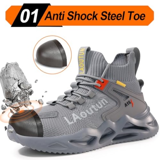 LAoutun Steel Toe Shoes for Men Work Shoes Safety Sneakers Comfortable Lightweight Puncture Proof Slip on Indestructible Construction Work Shoes