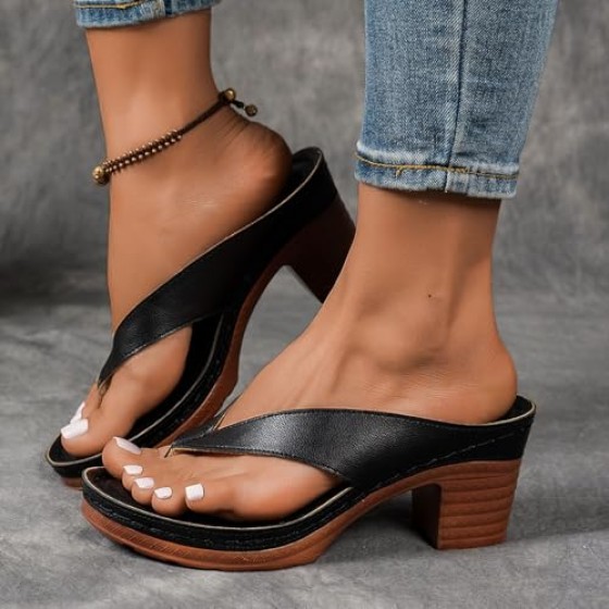 Chunky Heel Sandals for Women Summer Dressy 2025 Arch Support Comfortable Orthopedic Slip-On Open Toe Heeled Flip Flops Bridal Party Wedding Shoes Casual Wedge Thong Sandals (1-Black, 8.5)
